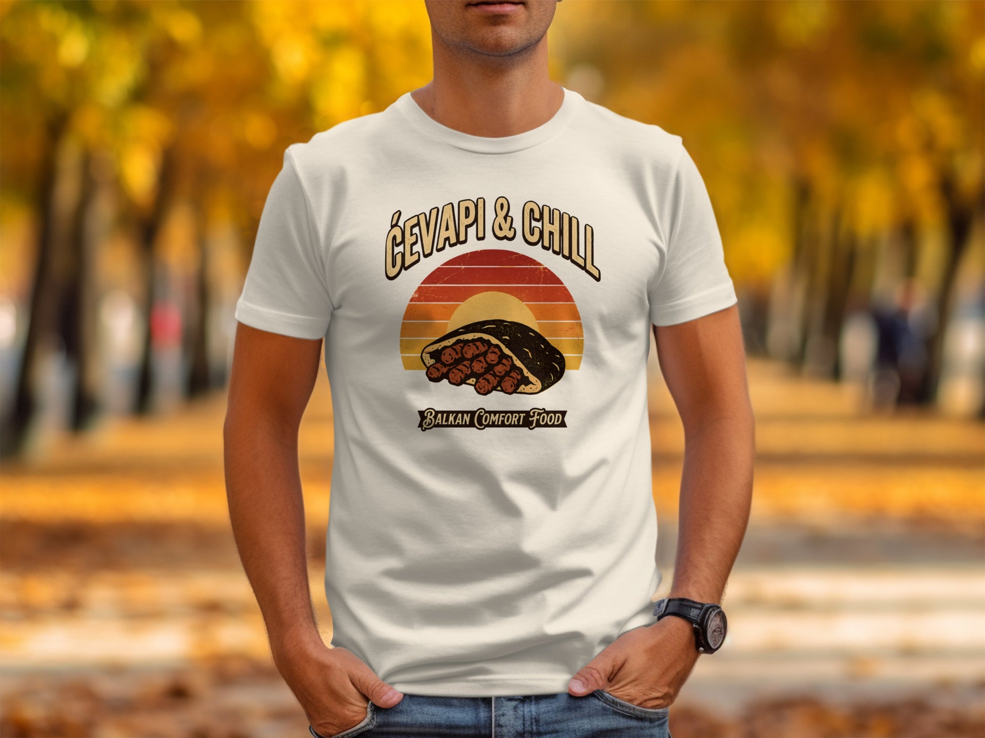 Retro cevapi and chill Balkan comfort food graphic on a white t-shirt.