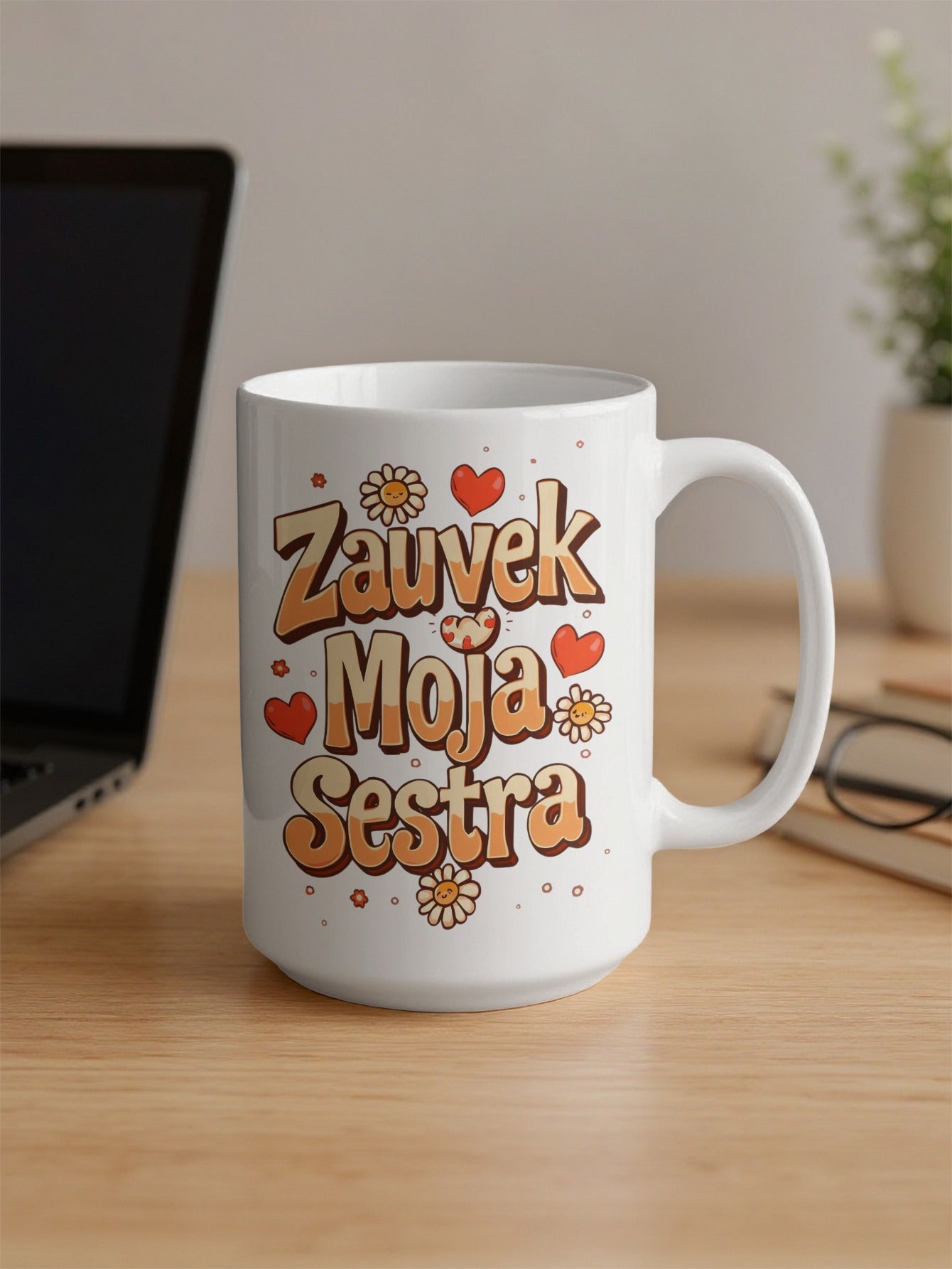 Zauvek Moja Sestra Mug with Cute Heart and Flower Design