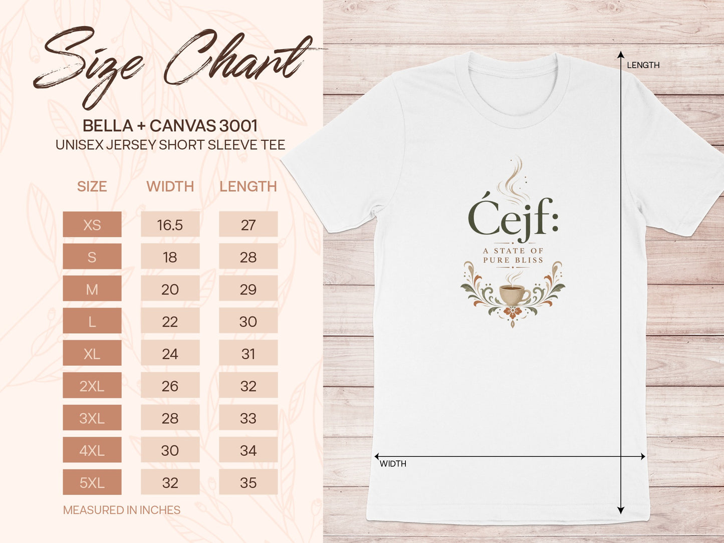BELLA + CANVAS 3001 unisex t-shirt size chart with width and length measurements in inches.