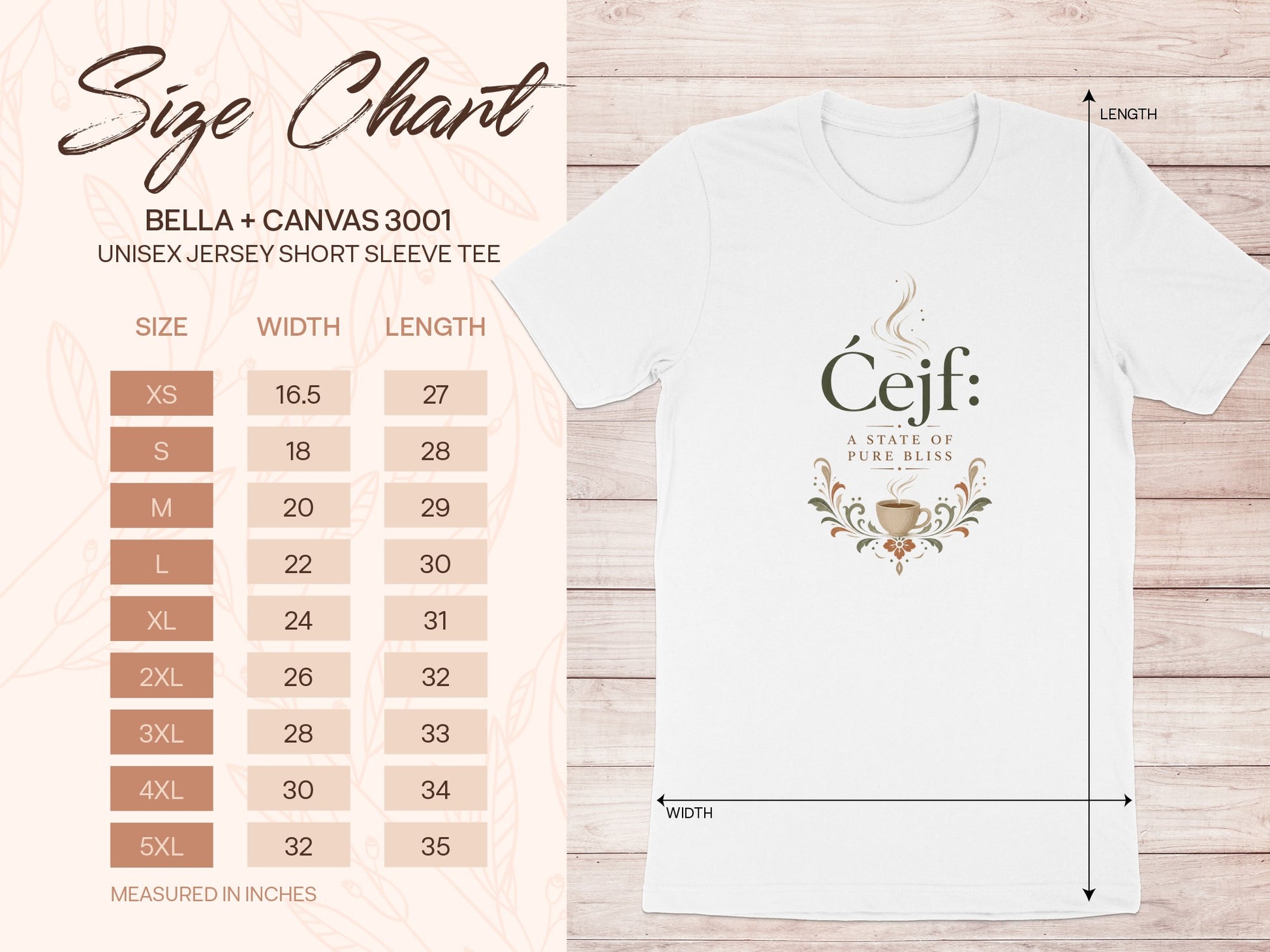 BELLA + CANVAS 3001 unisex t-shirt size chart with width and length measurements in inches.