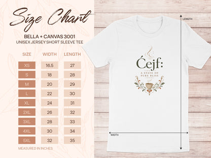 BELLA + CANVAS 3001 unisex t-shirt size chart with width and length measurements in inches.