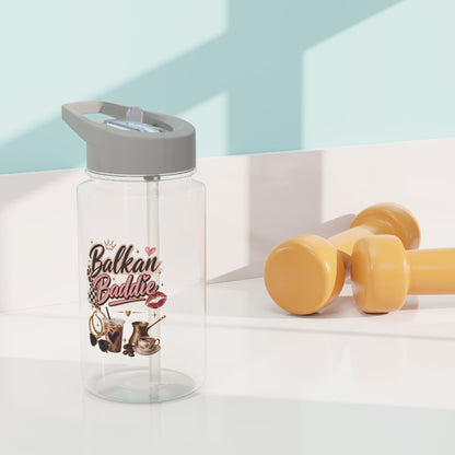 Clear water bottle with "Balkan Baddie" text and coffee, sunglasses, and lips graphics.