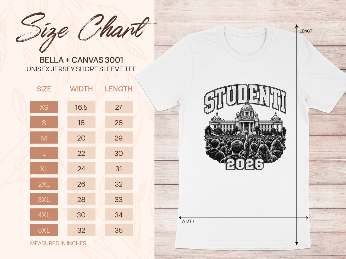 White Bella + Canvas 3001 t-shirt with a "Studenti 2026" graphic, shown alongside a sizing chart.