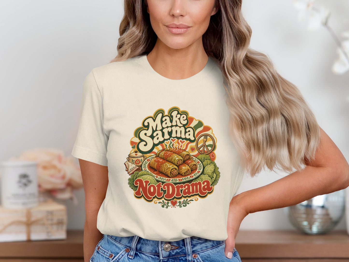 Make Sarma, Not Drama text with sarma rolls and peace sign.