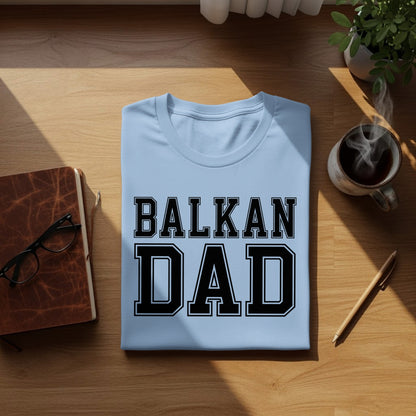 Light blue t-shirt with "BALKAN DAD" text in black block letters.