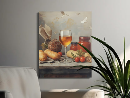 Elegant Still Life Painting with Wine and Bread Wall product