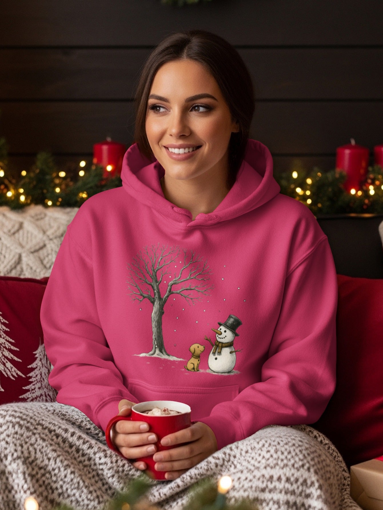 Cozy Festive Hoodie Featuring Snowman and Tree Design