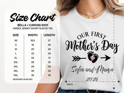 Size chart for Bella + Canvas 3001 unisex t-shirt with "Our First Mother's Day Sofia and Mama 2026" design.