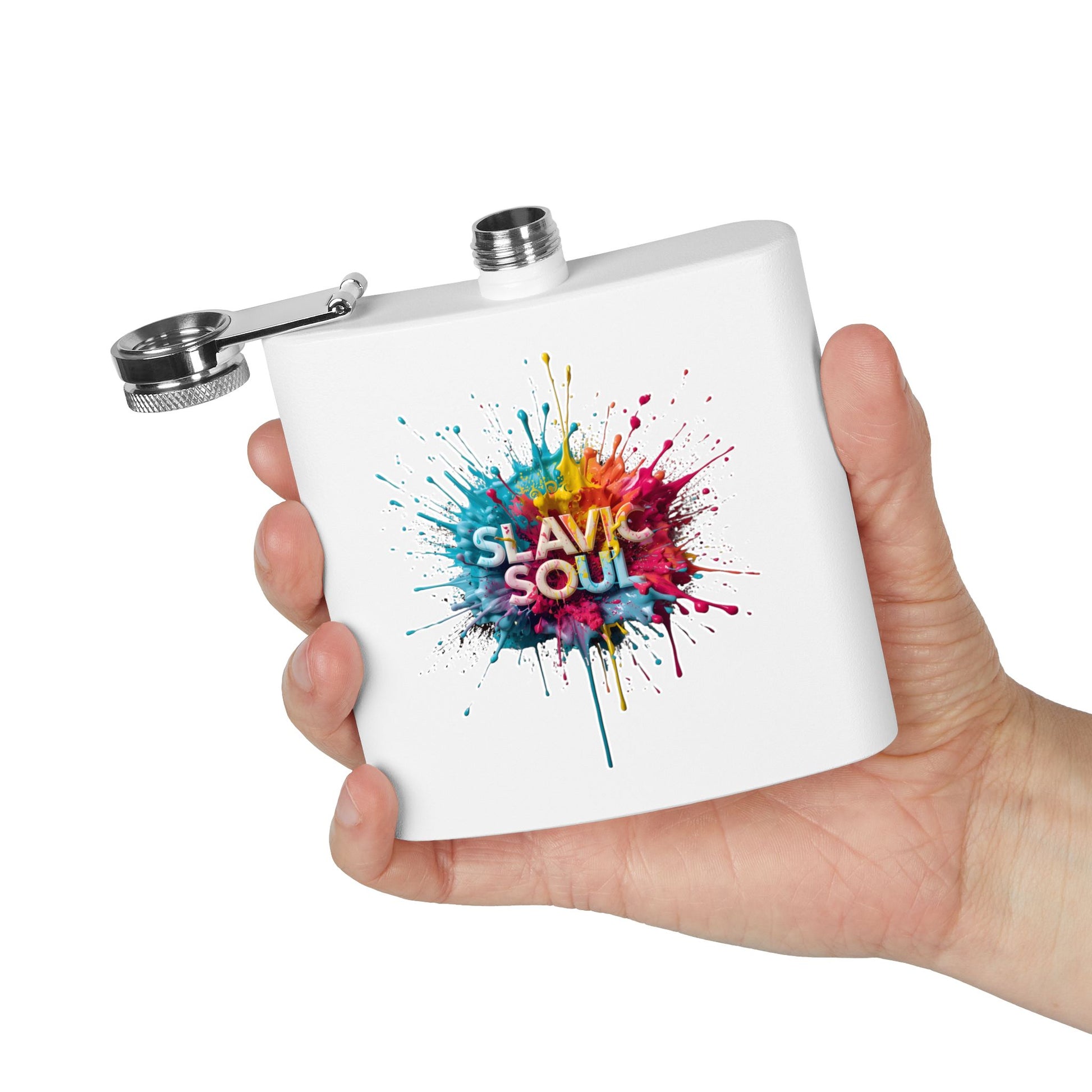 Slavic Soul colorful paint splatter hip flask