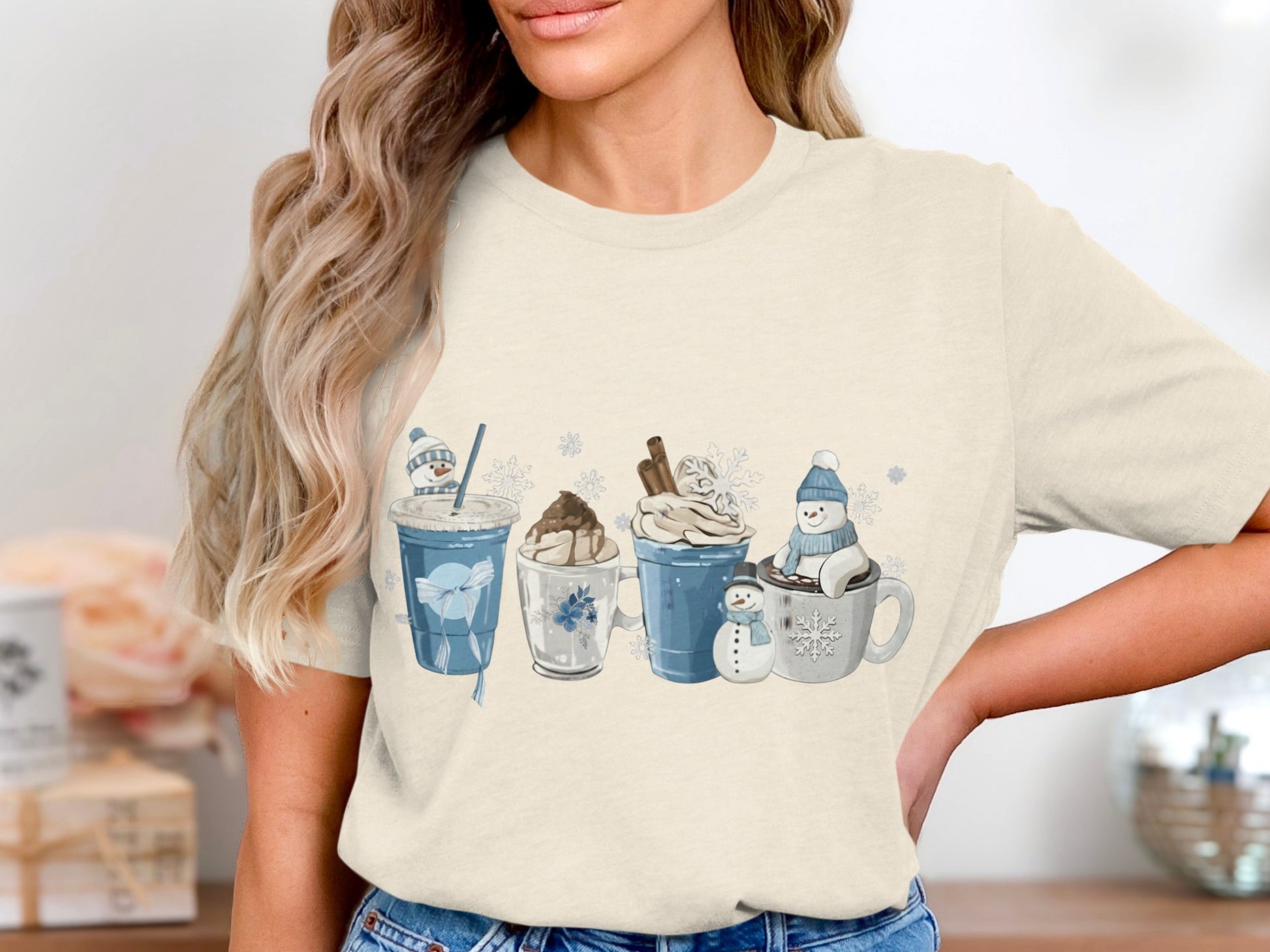 Cozy Winter Themed Drinks Print Casual Shirt