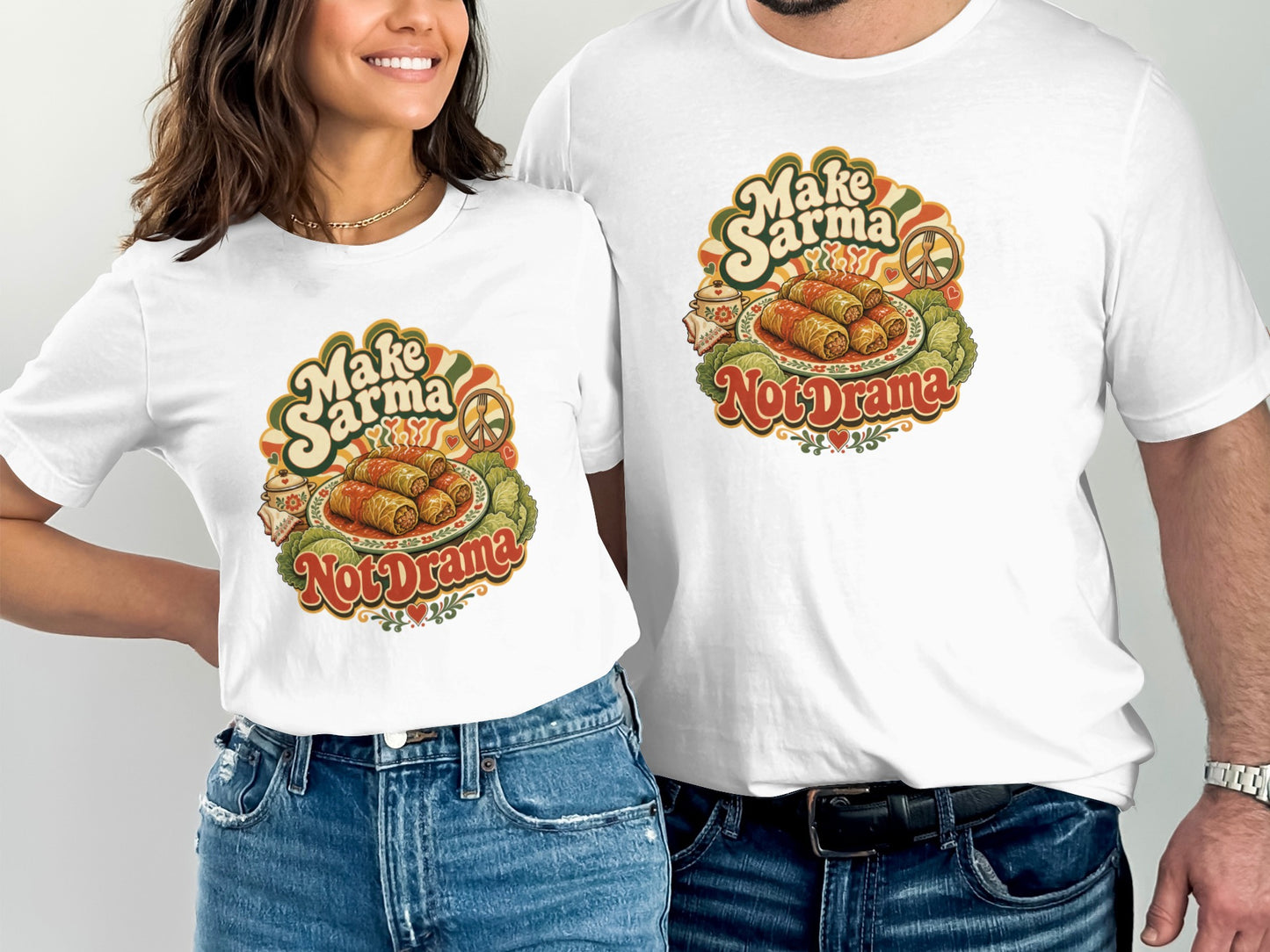 White t-shirt with "Make Sarma Not Drama" text and food graphic.