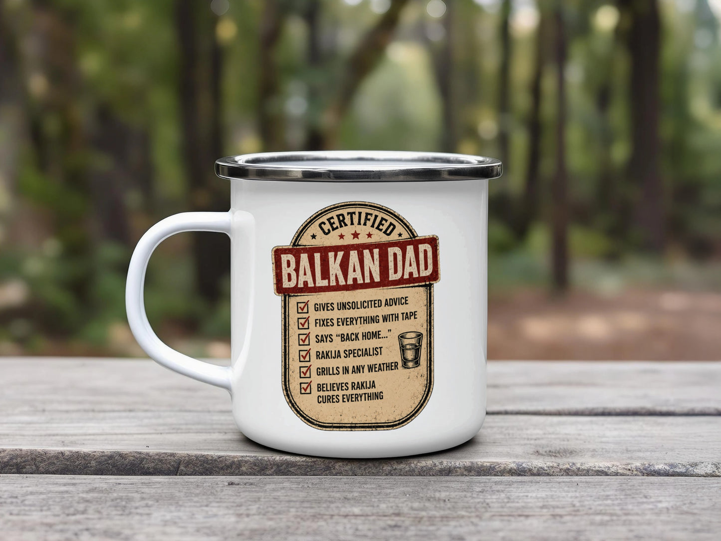 White enamel mug with "Certified Balkan Dad" and humorous bullet points.