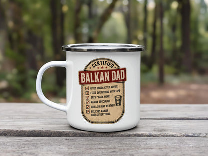 White enamel mug with "Certified Balkan Dad" and humorous bullet points.