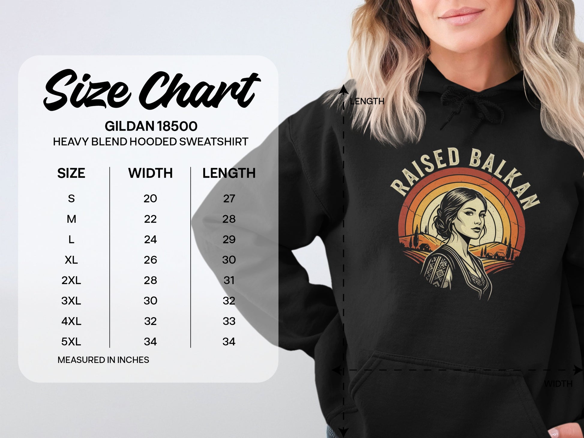 Size chart for Gildan 18500 Heavy Blend Hooded Sweatshirt with sizing details.