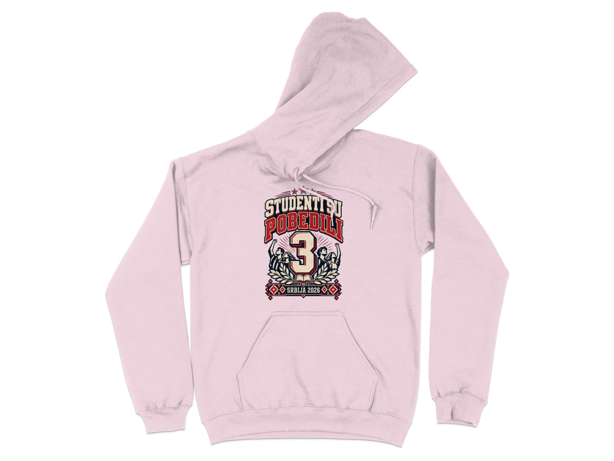 Light pink hooded sweatshirt with a central graphic featuring text and a large number three.