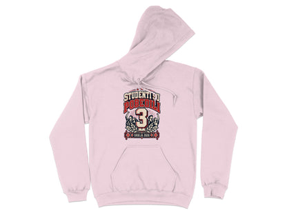 Light pink hooded sweatshirt with a central graphic featuring text and a large number three.