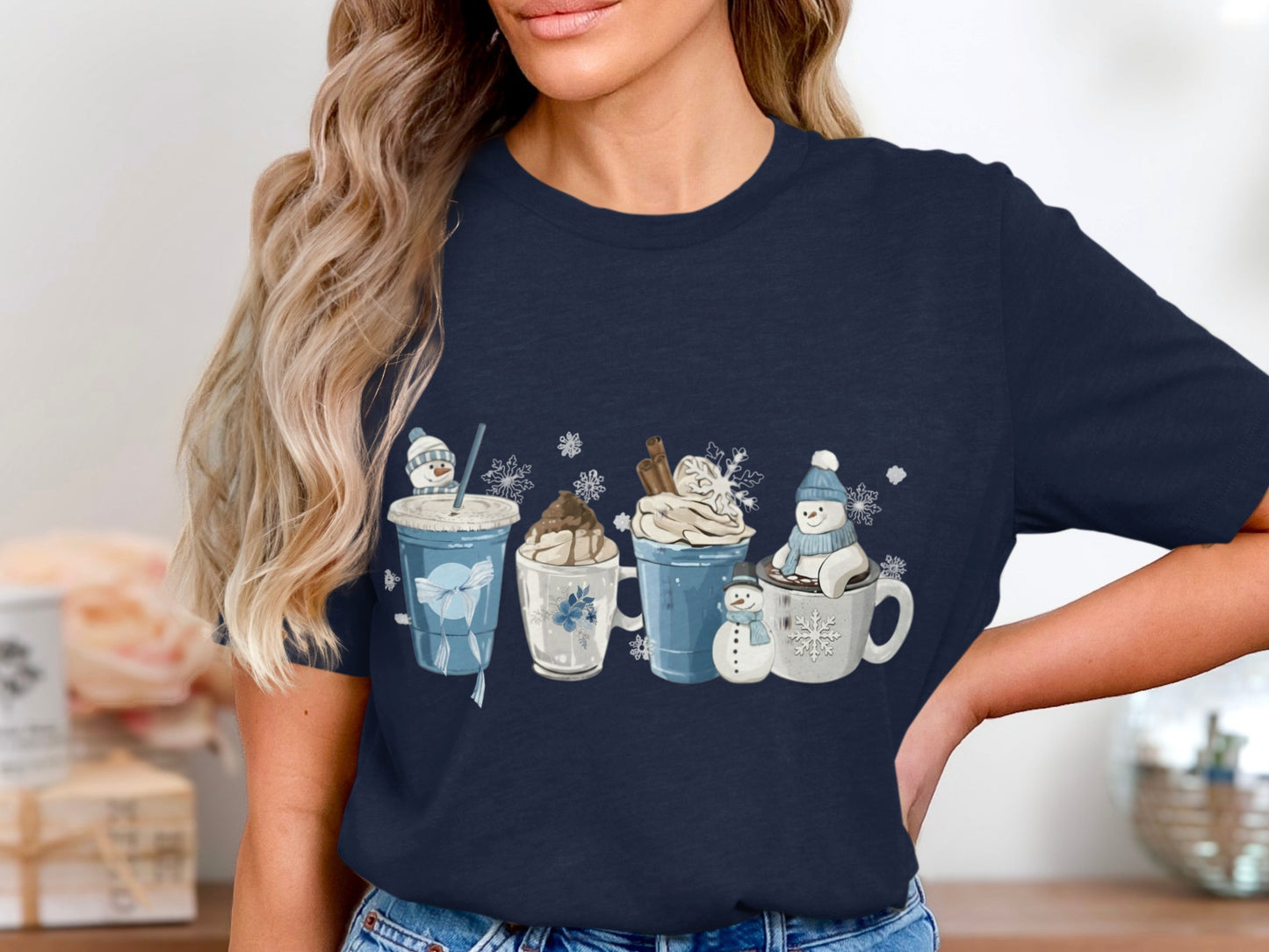 Cute Christmas Drinks with Snowmen Women's Tee
