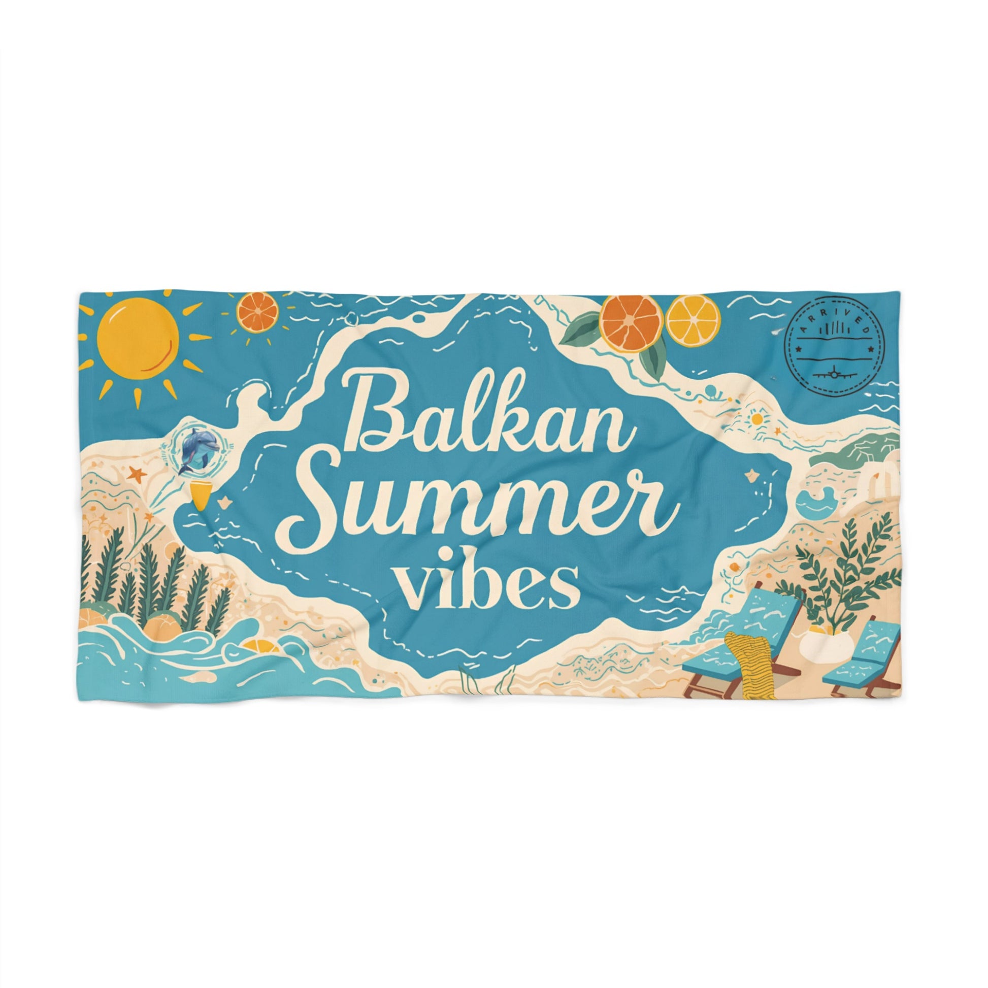 Towel with "Balkan Summer vibes" text and sun, oranges, beaches, and lounge chairs.