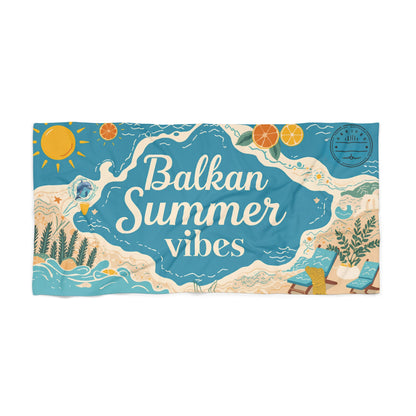 Towel with "Balkan Summer vibes" text and sun, oranges, beaches, and lounge chairs.