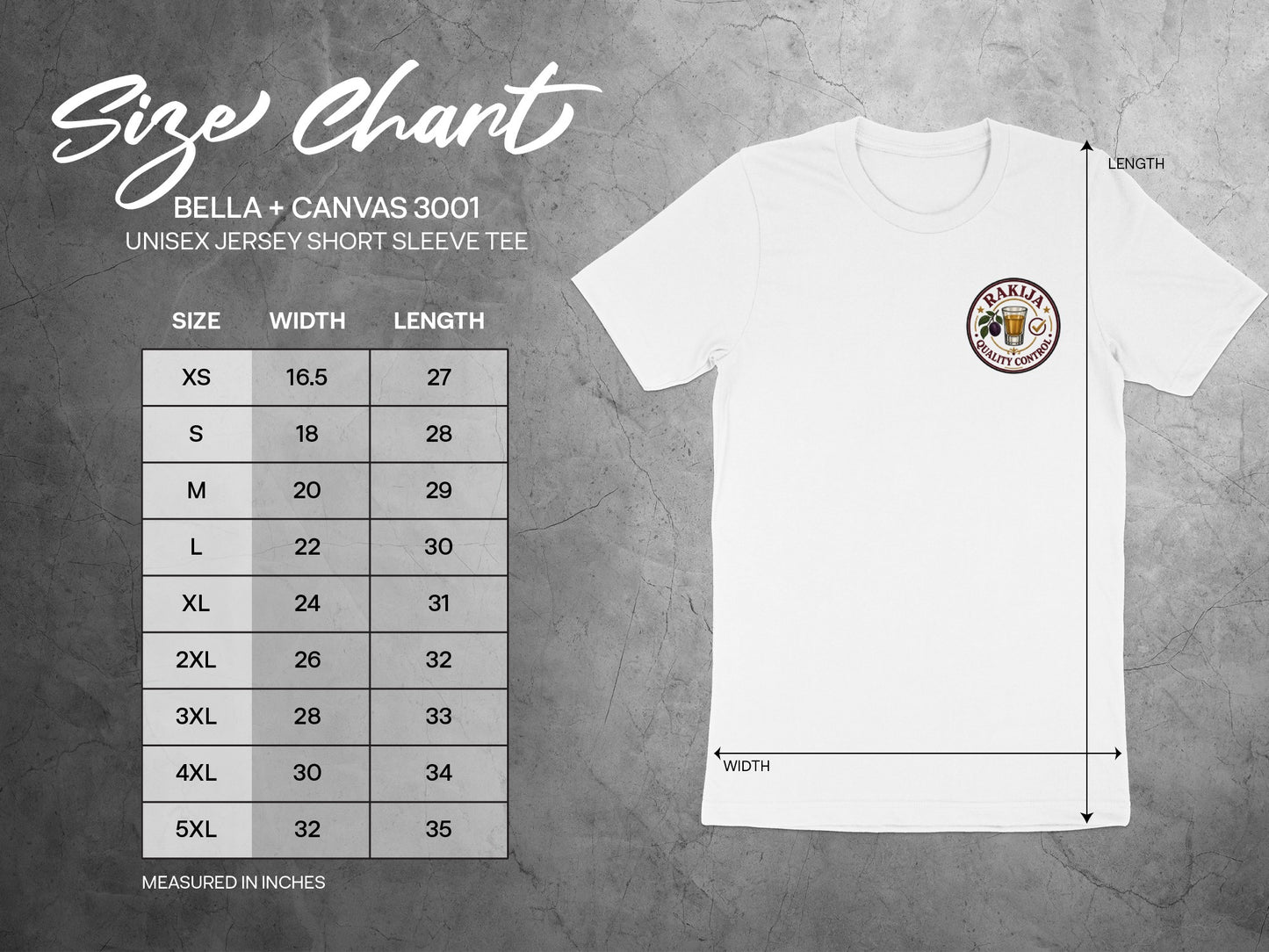 Size chart for Bella + Canvas 3001 unisex jersey t-shirt, showing measurements in inches.