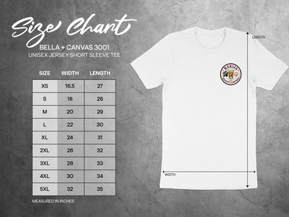 Size chart for Bella + Canvas 3001 unisex jersey t-shirt, showing measurements in inches.