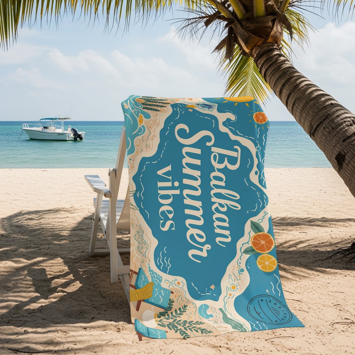 Beach towel with "Balkan Summer vibes" text and orange slices.