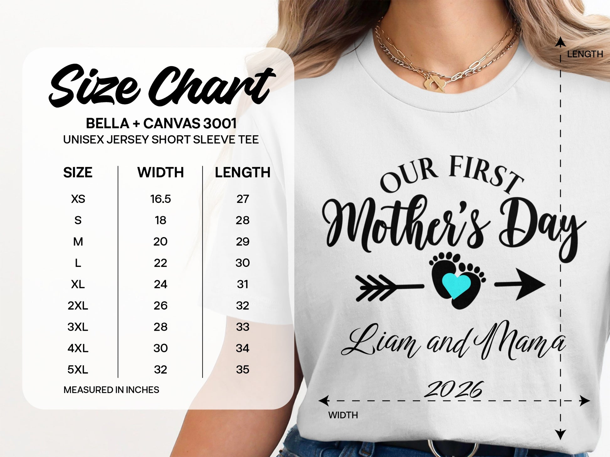 Size chart for unisex short sleeve tee with "Our First Mother's Day Liam and Mama 2026".
