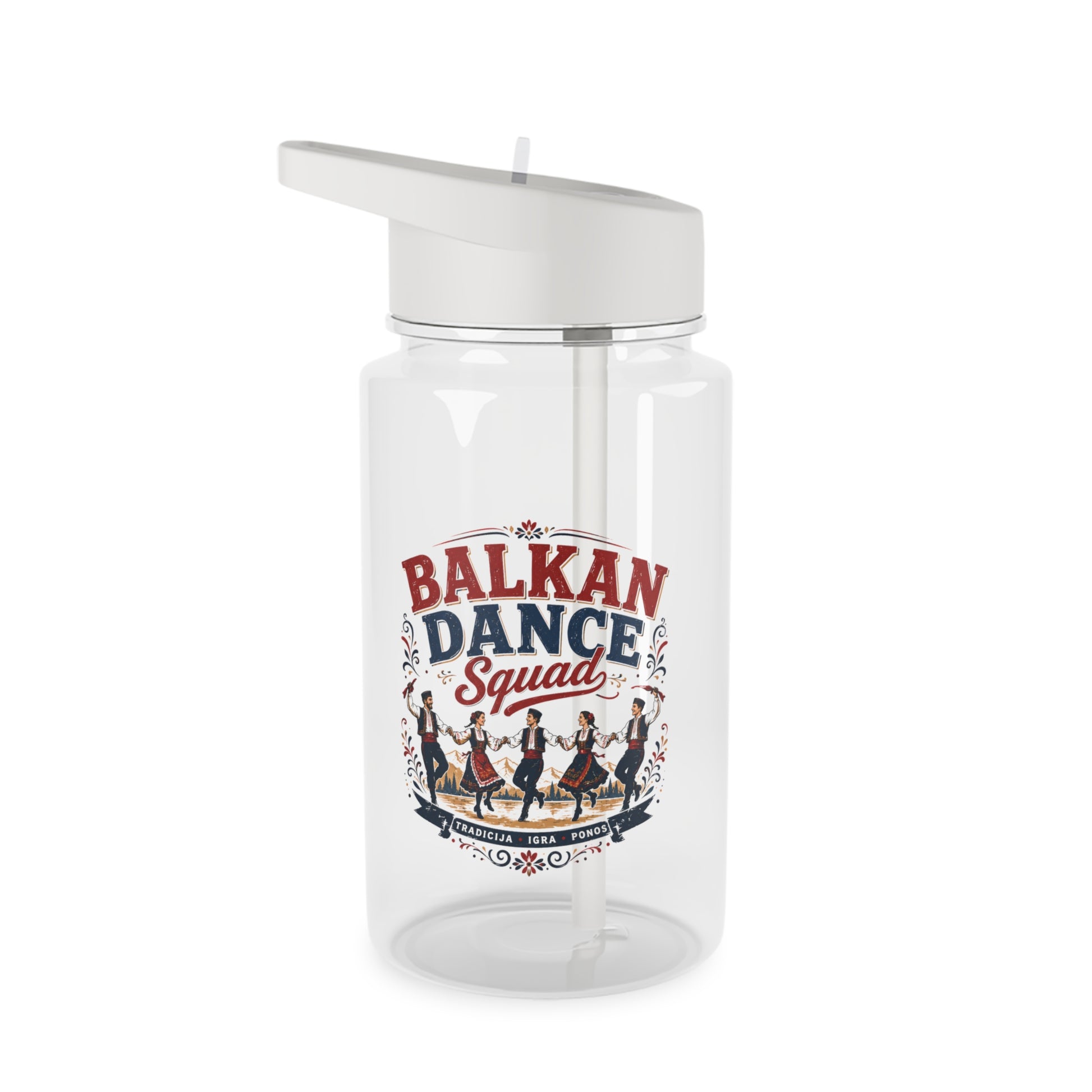 Clear water bottle with a straw lid featuring "BALKAN DANCE Squad" and dancing figures.