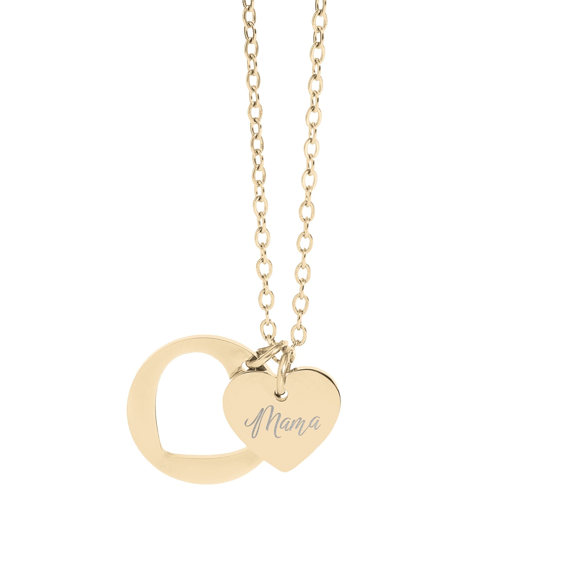 Gold necklace with a heart charm engraved with "Mama" and a circular charm.