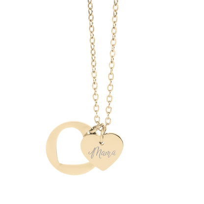 Gold necklace with a heart charm engraved with "Mama" and a circular charm.