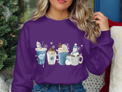 Cozy Snowman and Hot Drink Graphic Long Sleeve Shirt