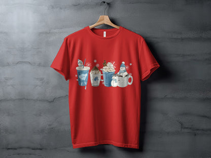 Festive Red T-Shirt with Cozy Winter Beverage Design