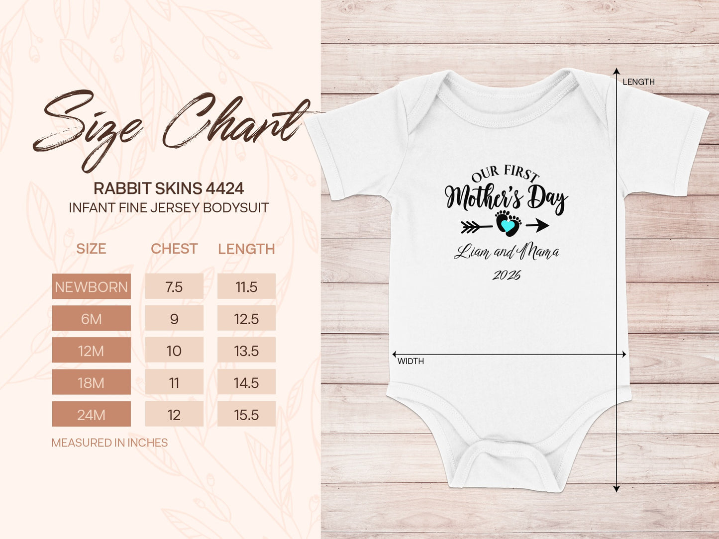 Size chart for Rabbit Skins infant fine jersey bodysuit with Mother's Day graphic.