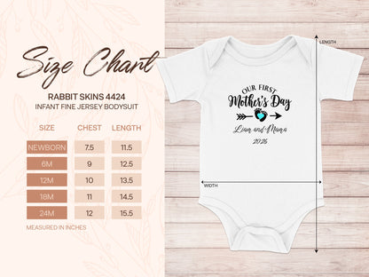 Size chart for Rabbit Skins infant fine jersey bodysuit with Mother's Day graphic.