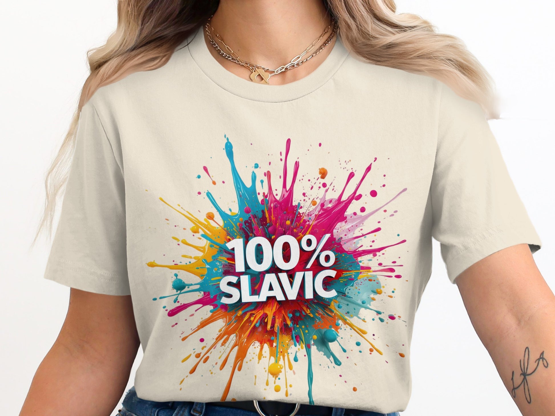 100% SLAVIC Colorful Paint Splash Beige T-Shirt product type