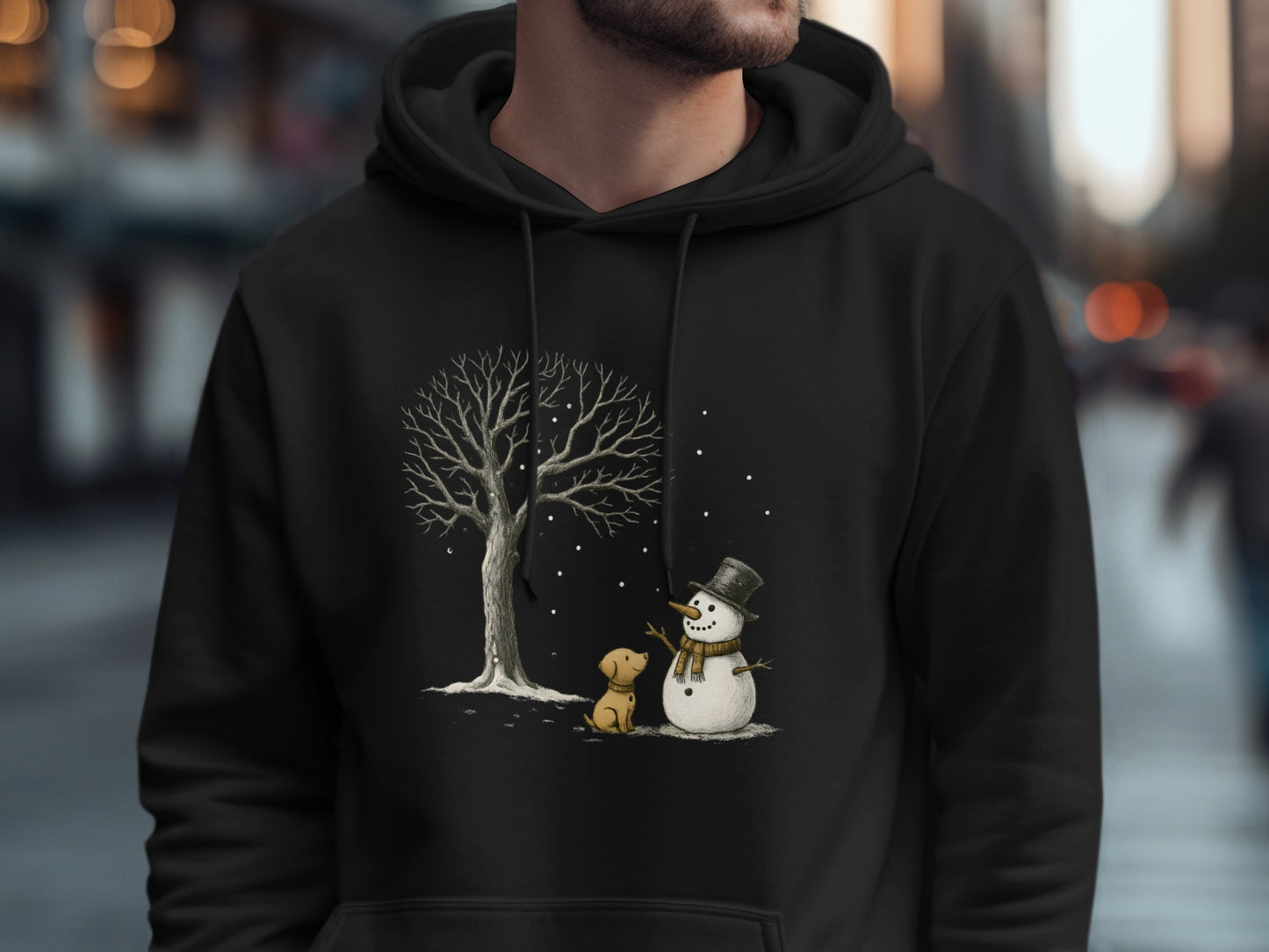 Snowman Tree and Dog Art Winter Hoodie
