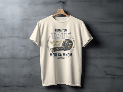 Cream t-shirt with "NEMA TOG TATE" and measuring tape graphic.