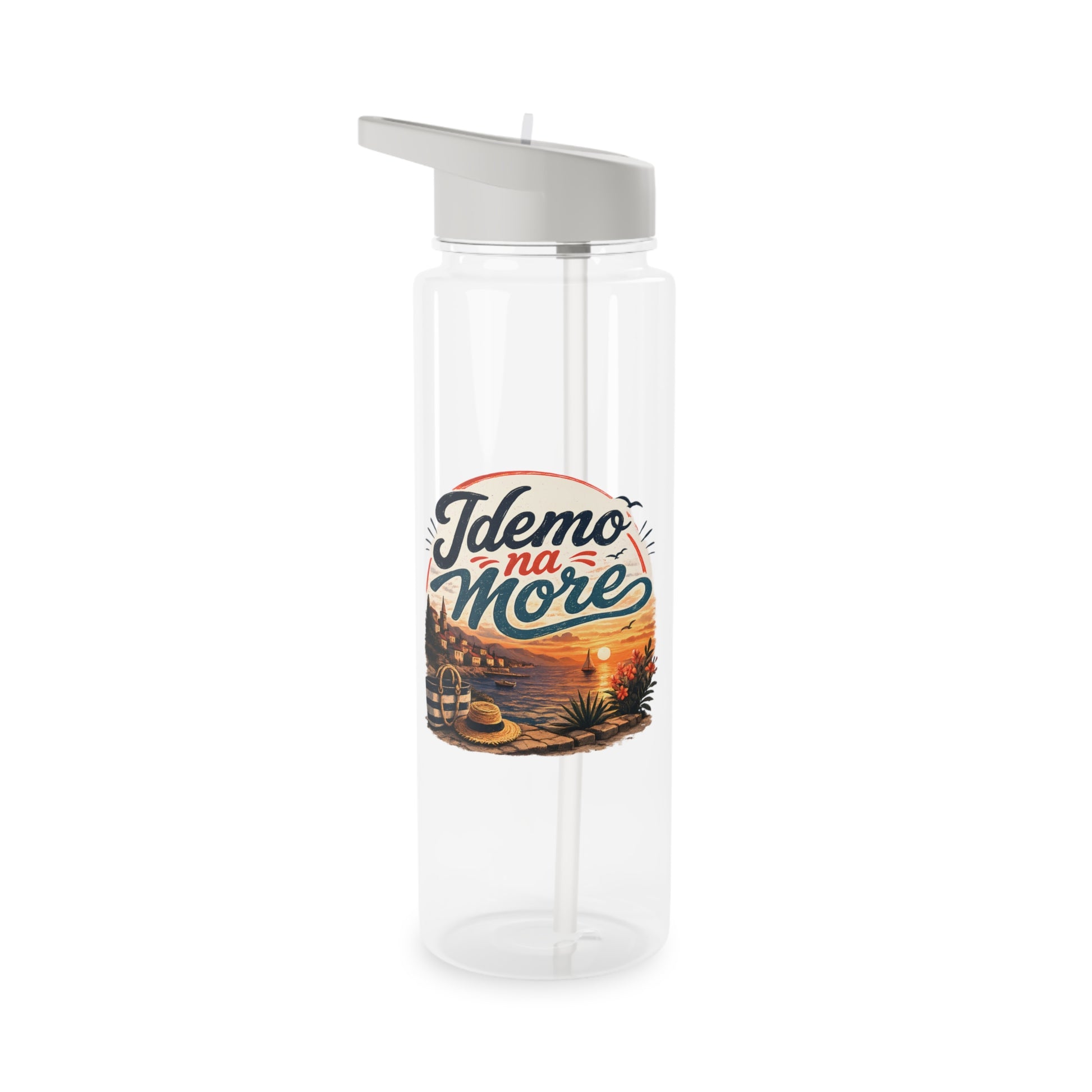 Clear water bottle with a straw and a circular decal featuring the text "Idemo na More" and a seaside sunset.