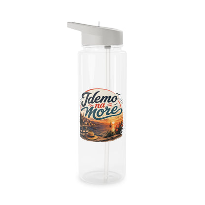 Clear water bottle with a straw and a circular decal featuring the text "Idemo na More" and a seaside sunset.