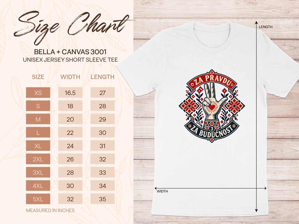 Bella + Canvas 3001 unisex t-shirt size chart displayed beside a white t-shirt on a wooden background.