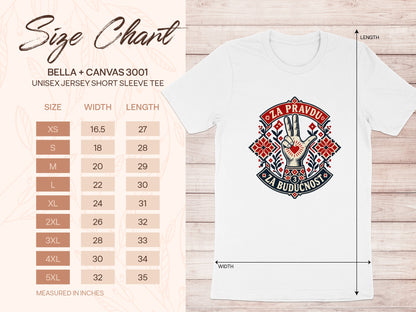 Bella + Canvas 3001 unisex t-shirt size chart displayed beside a white t-shirt on a wooden background.
