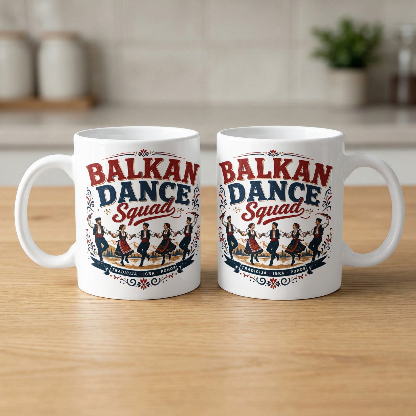 Two white mugs feature the text "BALKAN DANCE SQUAD" and folkloric dancers.