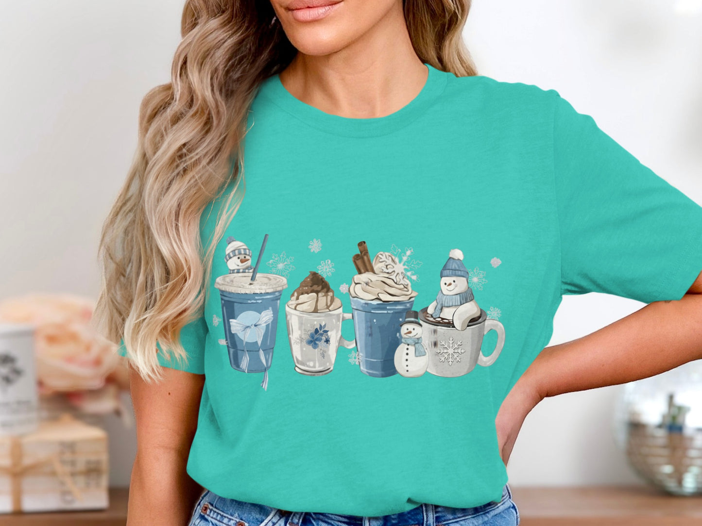 Snowman Hot Beverage Graphic Teal T-Shirt