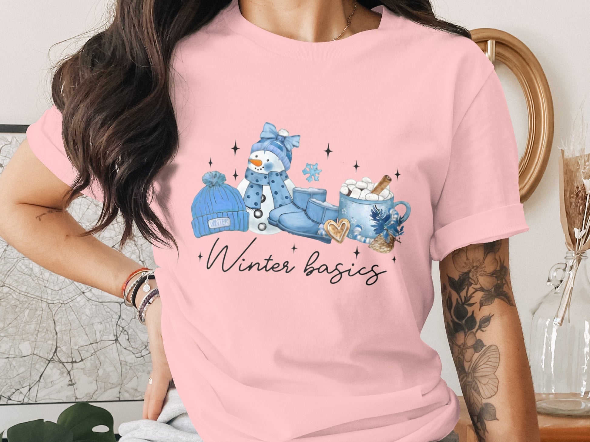 Winter basics snowman and coffee themed tee