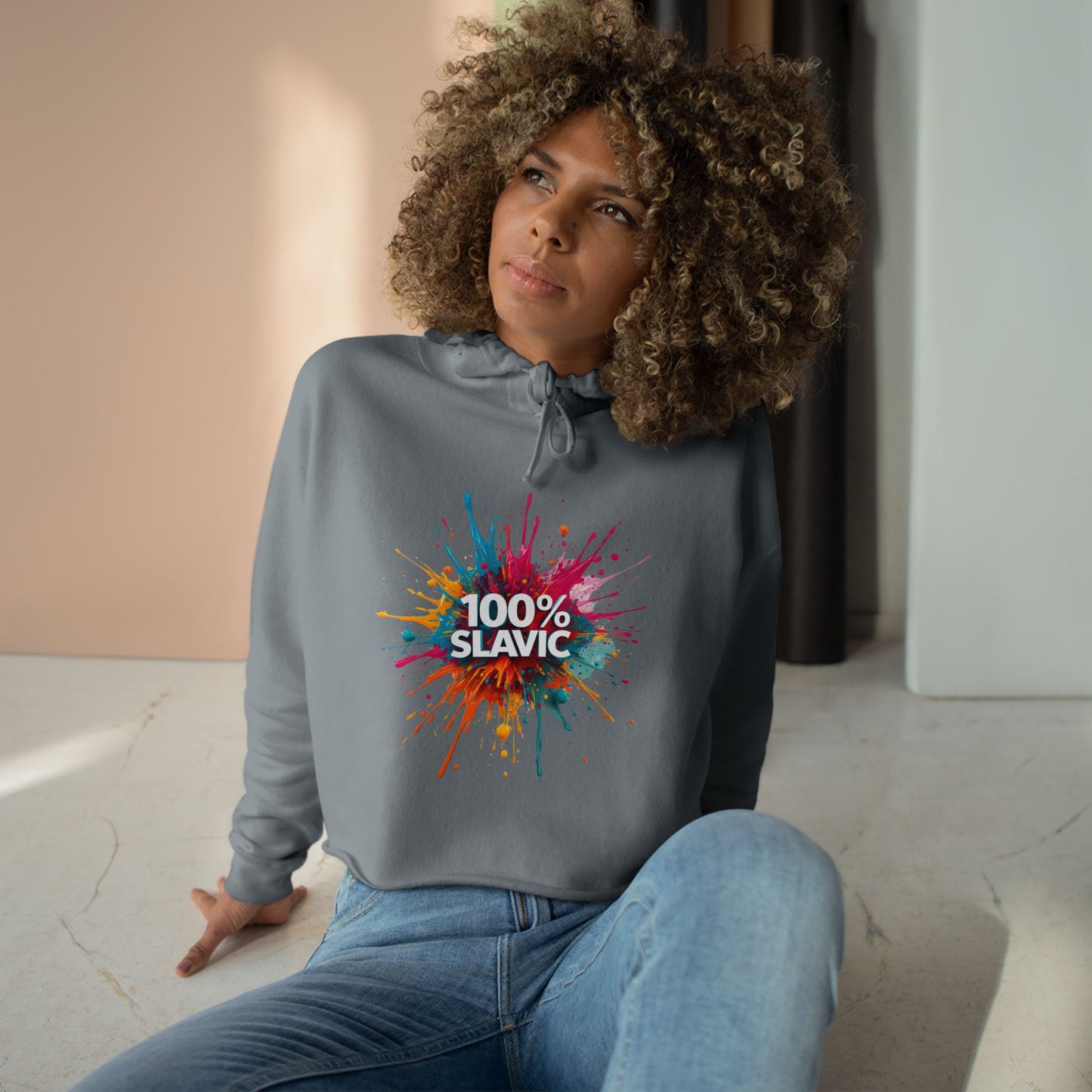 100% SLAVIC Colorful Paint Splatter Grey Cropped Hoodie product type