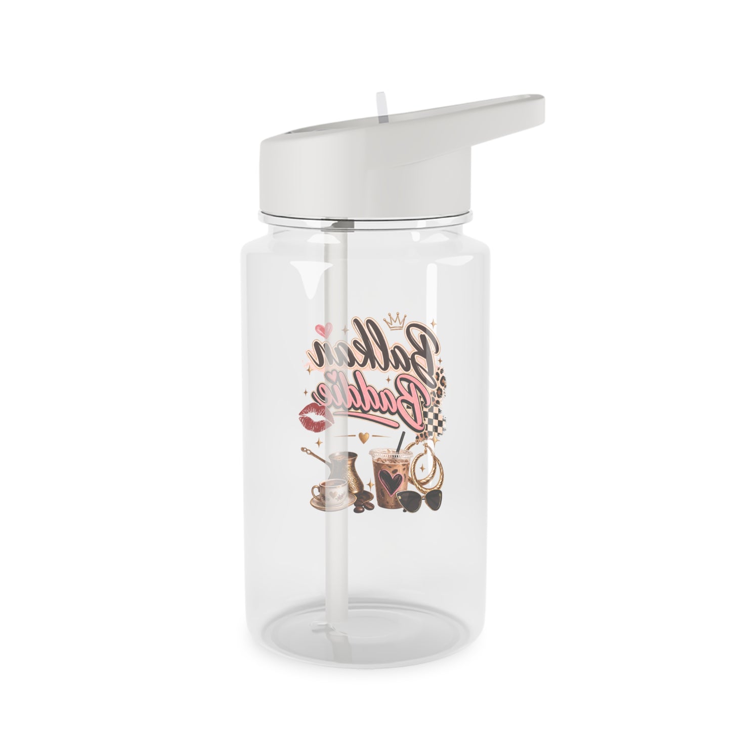 Clear bottle with "Bottega" text and coffee-themed graphics.