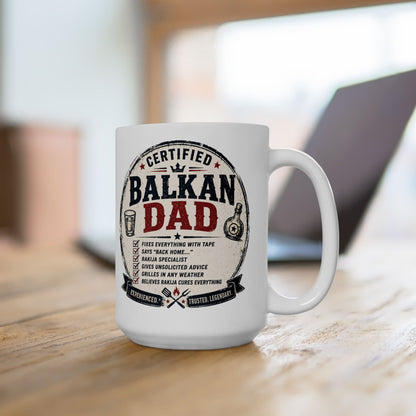 Certified Balkan Dad mug with humorous list of qualities and 'Rakija Specialist' title.