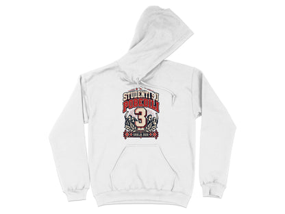 White hooded sweatshirt with a red and blue graphic on the chest reading "Studentisu Pobedili 3 Srbija 2026."
