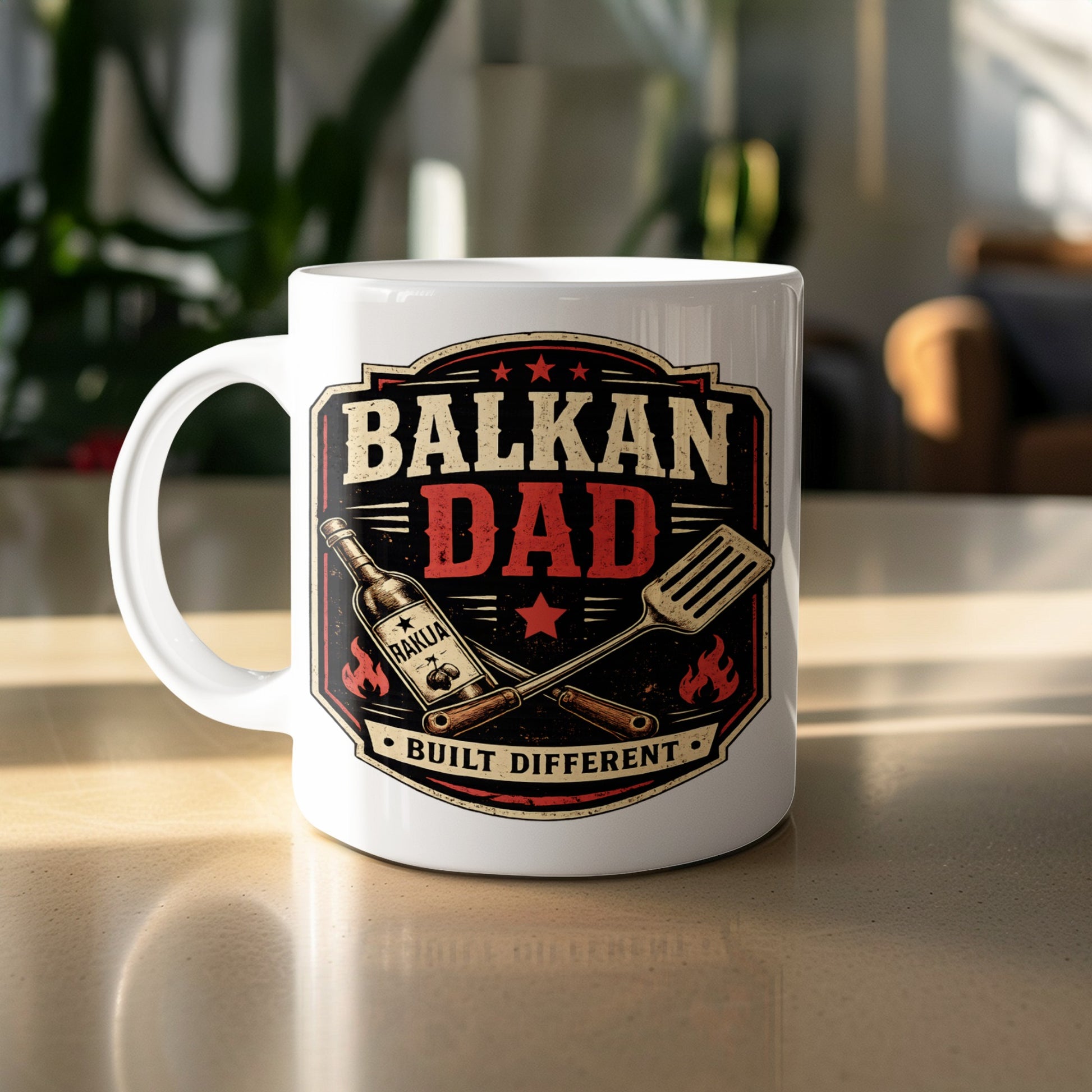 White mug with "Balkan Dad Built Different" text and barbecue graphic.