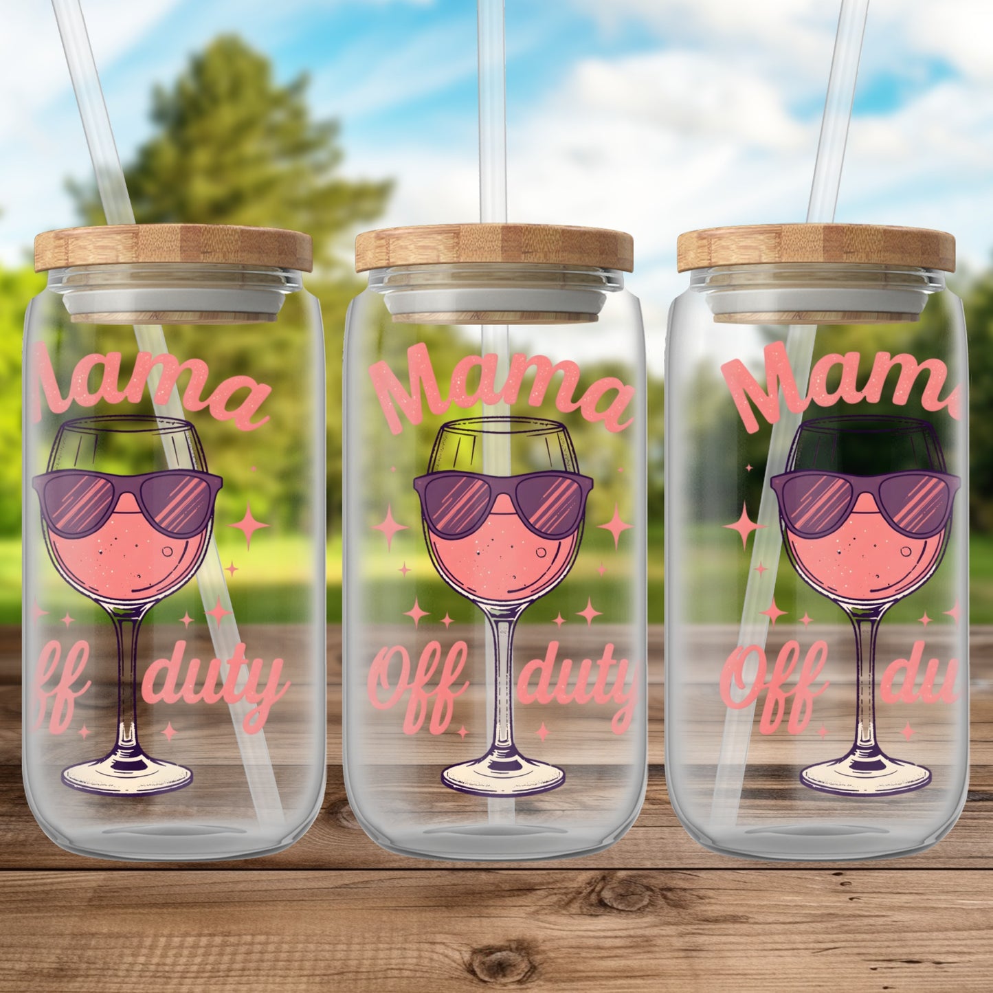 Mama Off Duty Glass with Straw Fun Beverage Holder